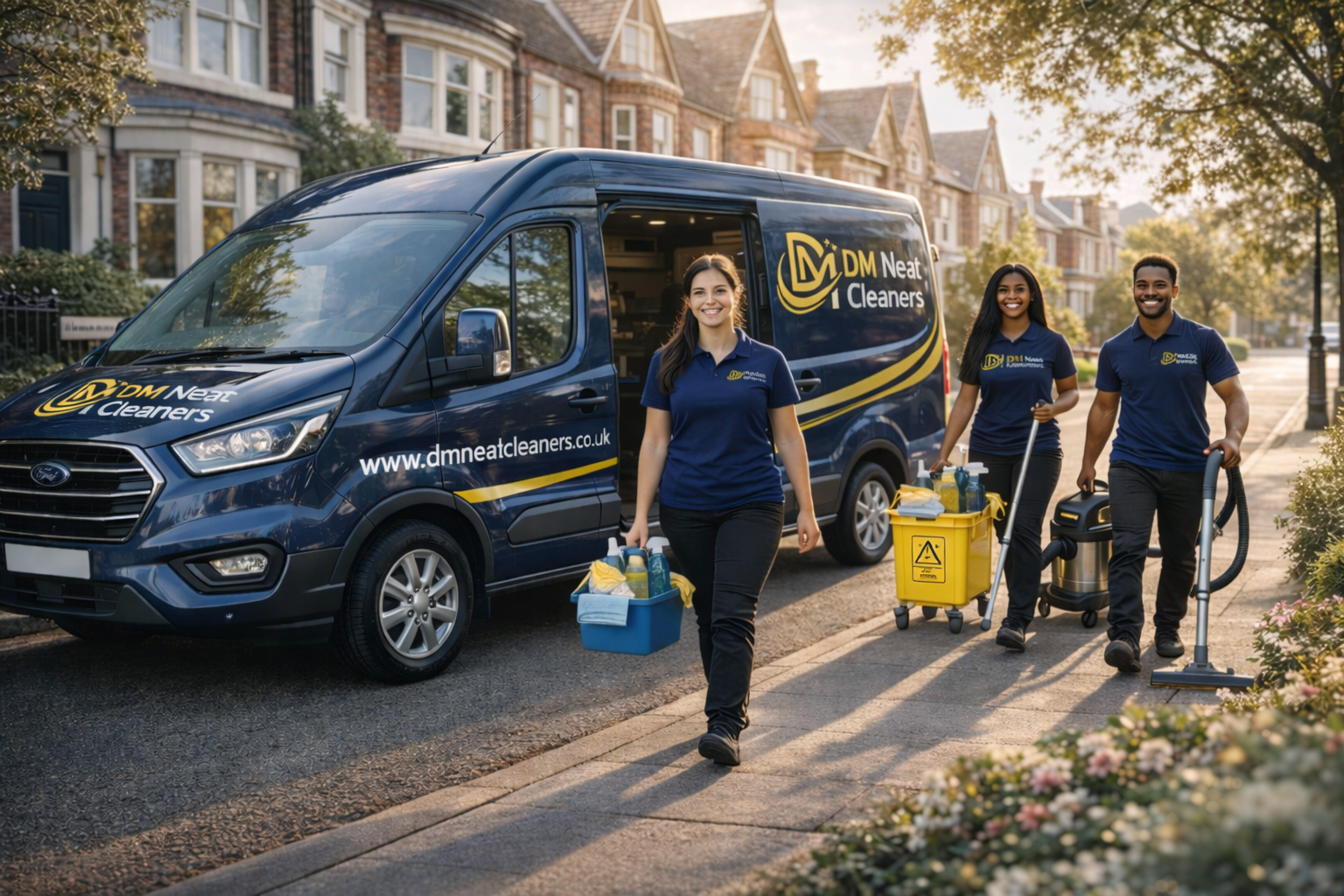 DM Neat Cleaners, professional cleaning team Liverpool, domestic cleaners arriving, reliable cleaning service van
